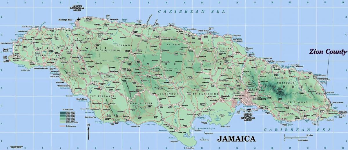 mapa físico de xamaica mostrando montañas