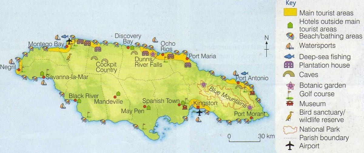 Mapa de xamaica mostrando áreas de resort