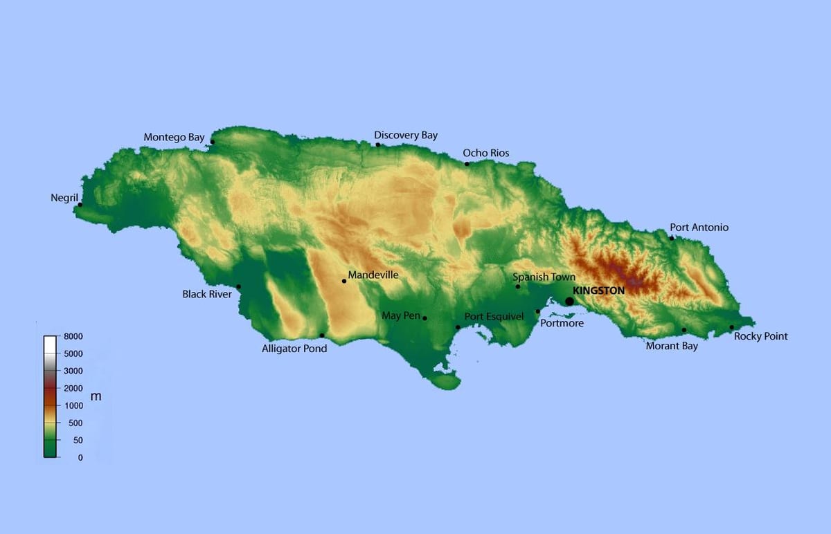 Mapa de xamaica elevación 