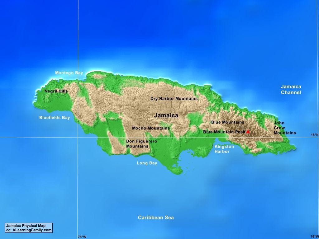 Mapa de xamaica montañas 