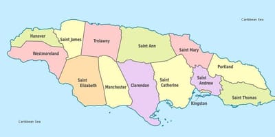 Mapa de xamaica indias occidentais con parroquias