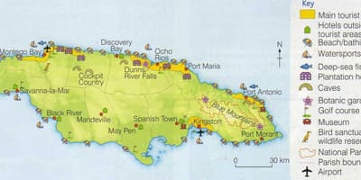 Mapa de xamaica mostrando áreas de resort