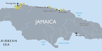 Mapa de atraccións turísticas en xamaica